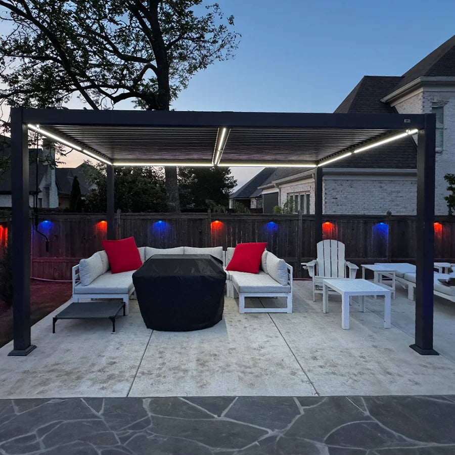 PURPLE LEAF Caesar Solar Louvered Pergola with LED Strip Lights and Control Panel Aluminum Outdoor Pergola with Adjustable Roof for Patio Deck Garden Yard Gray