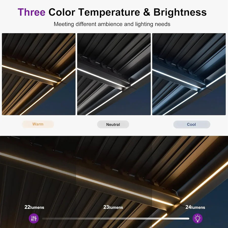 PURPLE LEAF Caesar Solar Louvered Pergola with LED Strip Lights and Control Panel Aluminum Outdoor Pergola with Adjustable Roof for Patio Deck Garden Yard Gray