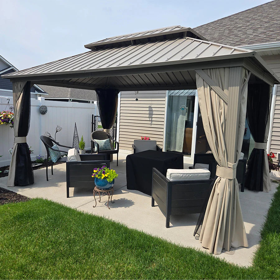 PURPLE LEAF Deck Gazebo Champagne Hardtop Metal Frame Double Roof with Curtains and Netting