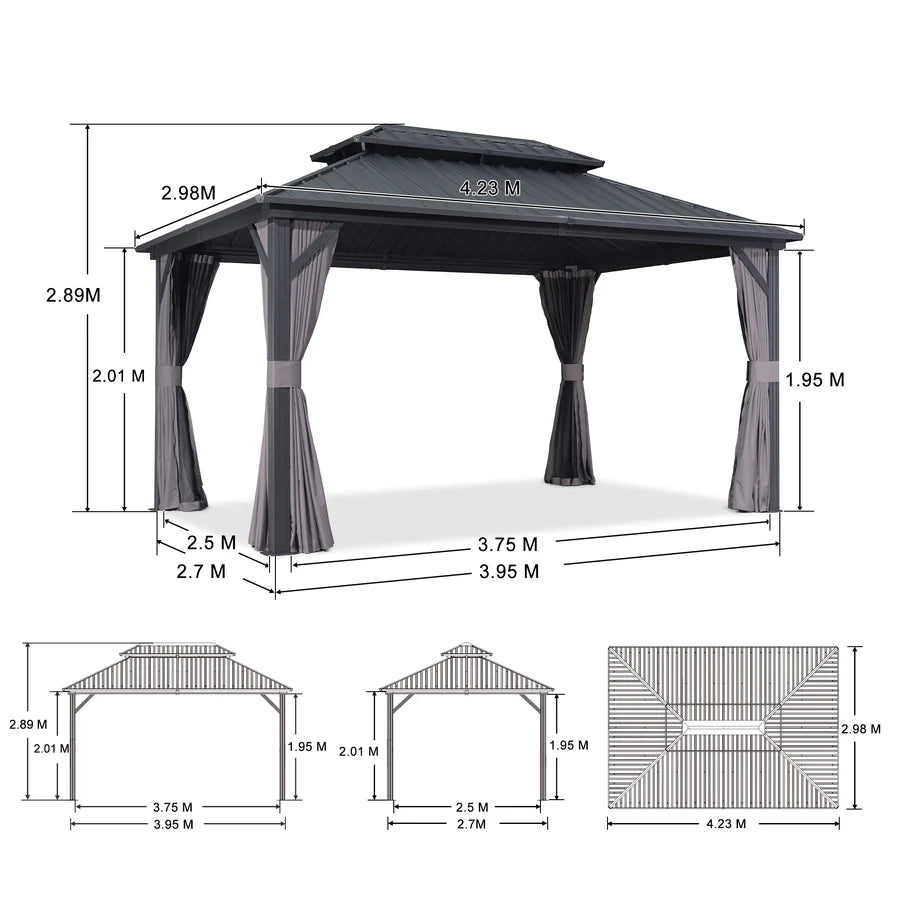 PURPLE LEAF Grey Hardtop Gazebo with Heavy Duty Galvanized Steel Double Roof with Netting and Curtains