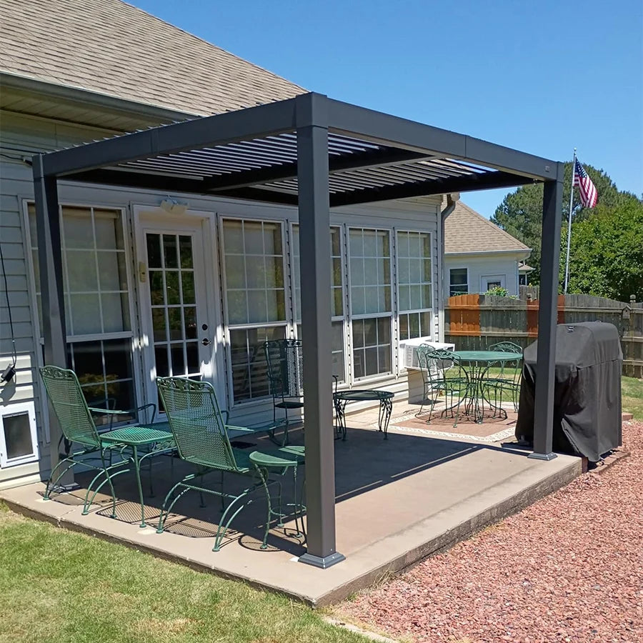 PURPLE LEAF Caesar Solar Louvered Pergola with LED Strip Lights and Control Panel Aluminum Outdoor Pergola with Adjustable Roof for Patio Deck Garden Yard Gray