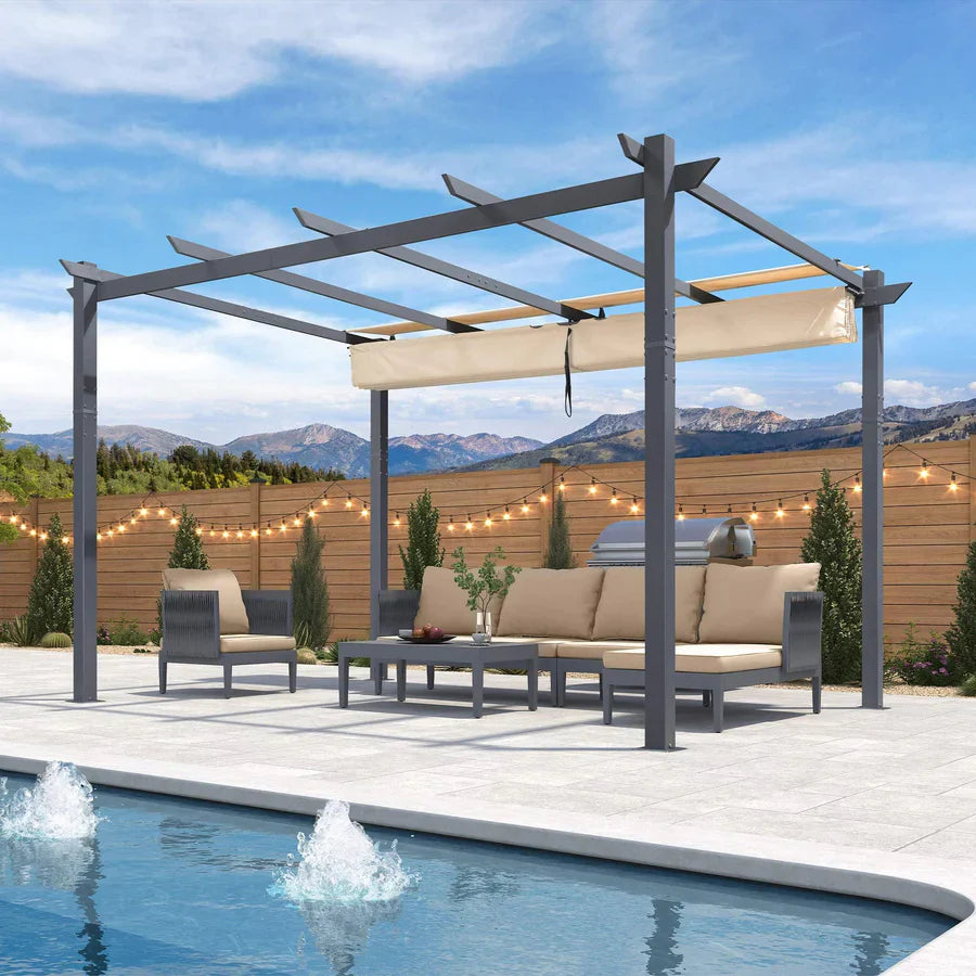 PURPLE LEAF Patio Retractable Pergola with Shade Canopy Modern Grill Gazebo Metal Shelter Pavilion for Porch Deck Garden Backyard Outdoor Pergola