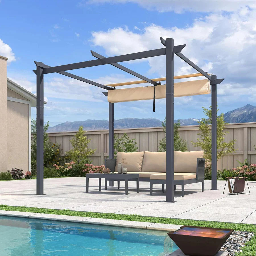 PURPLE LEAF Patio Retractable Pergola with Shade Canopy Modern Grill Gazebo Metal Shelter Pavilion for Porch Deck Garden Backyard Outdoor Pergola