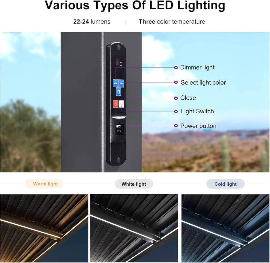 PURPLE LEAF Caesar Solar Louvered Pergola with LED Strip Lights and Control Panel Aluminum Outdoor Pergola with Adjustable Roof for Patio Deck Garden Yard Gray