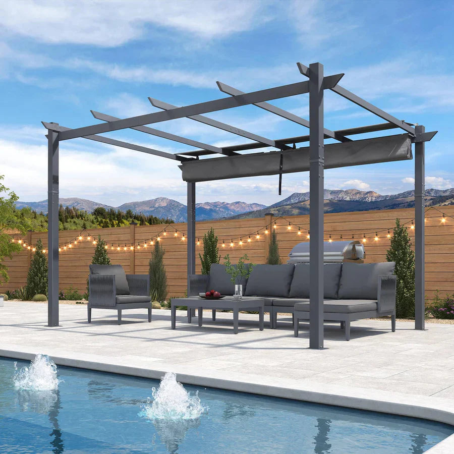 PURPLE LEAF Patio Retractable Pergola with Shade Canopy Modern Grill Gazebo Metal Shelter Pavilion for Porch Deck Garden Backyard Outdoor Pergola