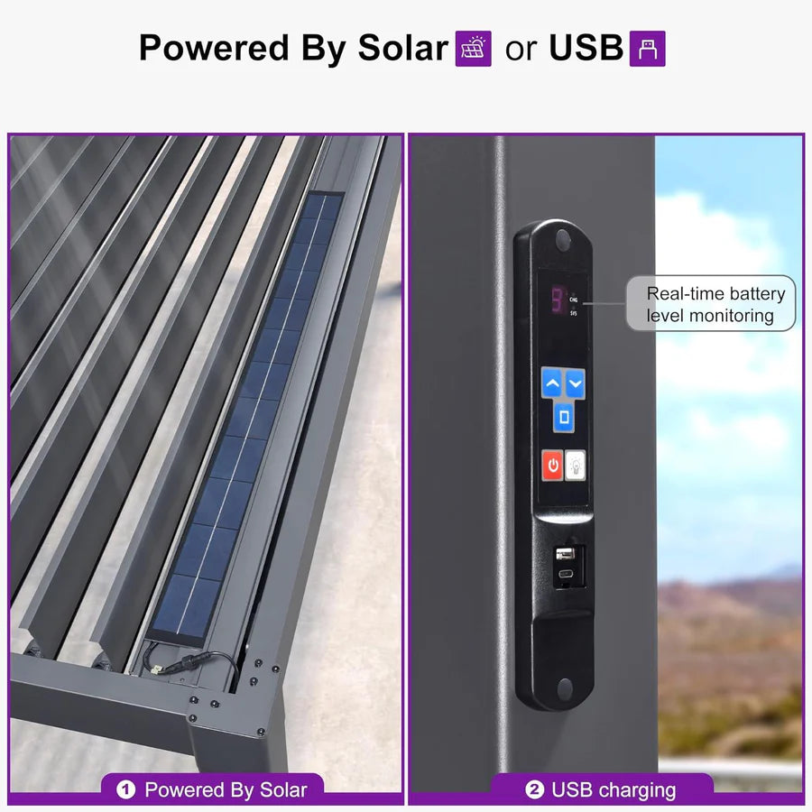 PURPLE LEAF Caesar Solar Louvered Aluminum Pergola with LED Lights and Control Panel Adjustable Roof for Patio and Garden Grey