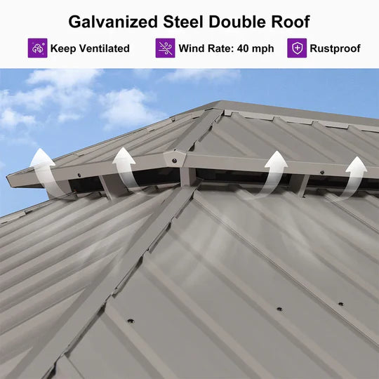 PURPLE LEAF Deck Gazebo Champagne Hardtop Metal Frame Double Roof with Curtains and Netting