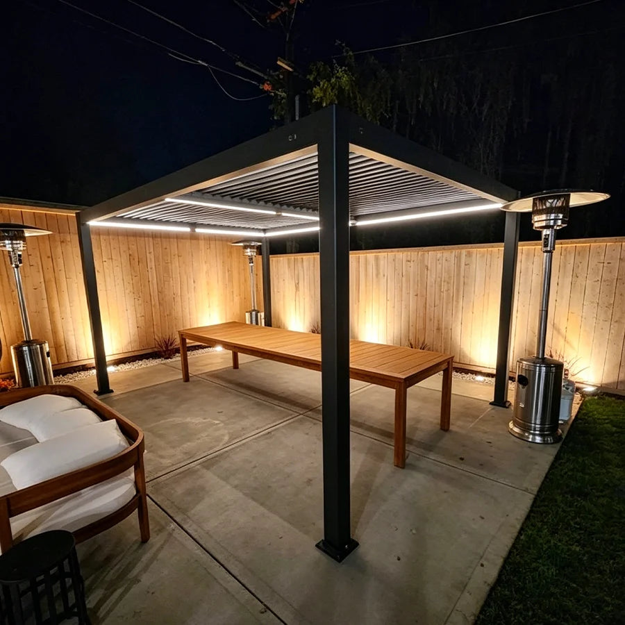 PURPLE LEAF Caesar Solar Louvered Pergola with LED Strip Lights and Control Panel Aluminum Outdoor Pergola with Adjustable Roof for Patio Deck Garden Yard Gray