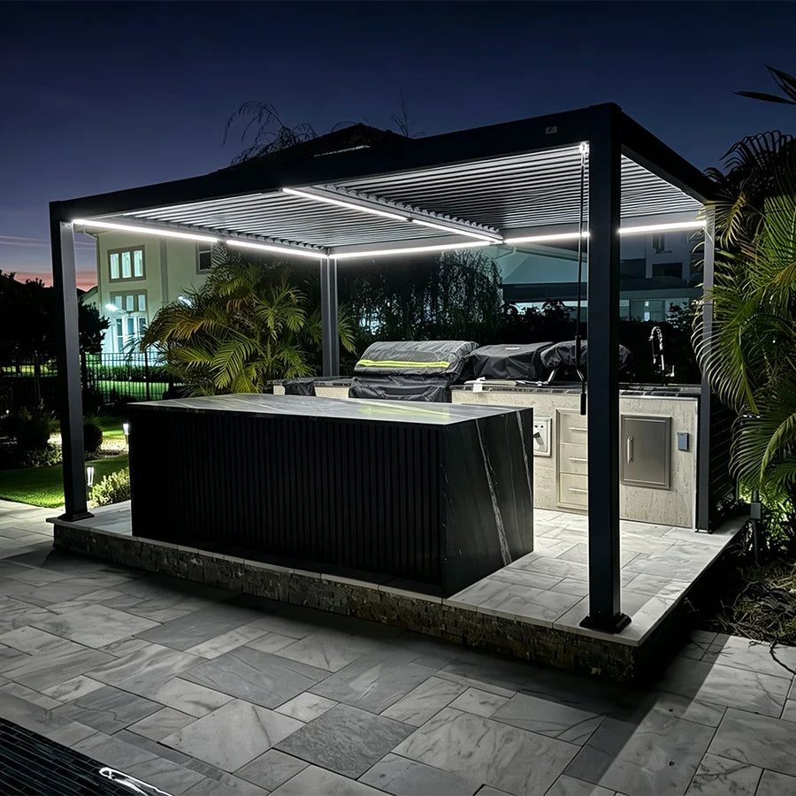 PURPLE LEAF Caesar Solar Louvered Pergola with LED Strip Lights and Control Panel Aluminum Outdoor Pergola with Adjustable Roof for Patio Deck Garden Yard Gray