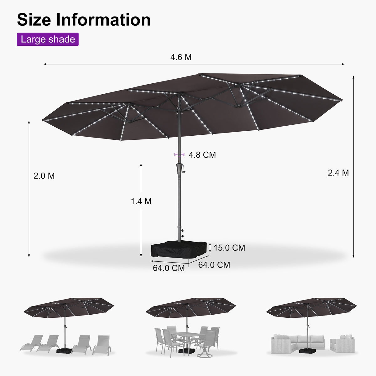 PURPLE LEAF Double-Sided Market Umbrella with Light Large Patio Umbrellas with Base
