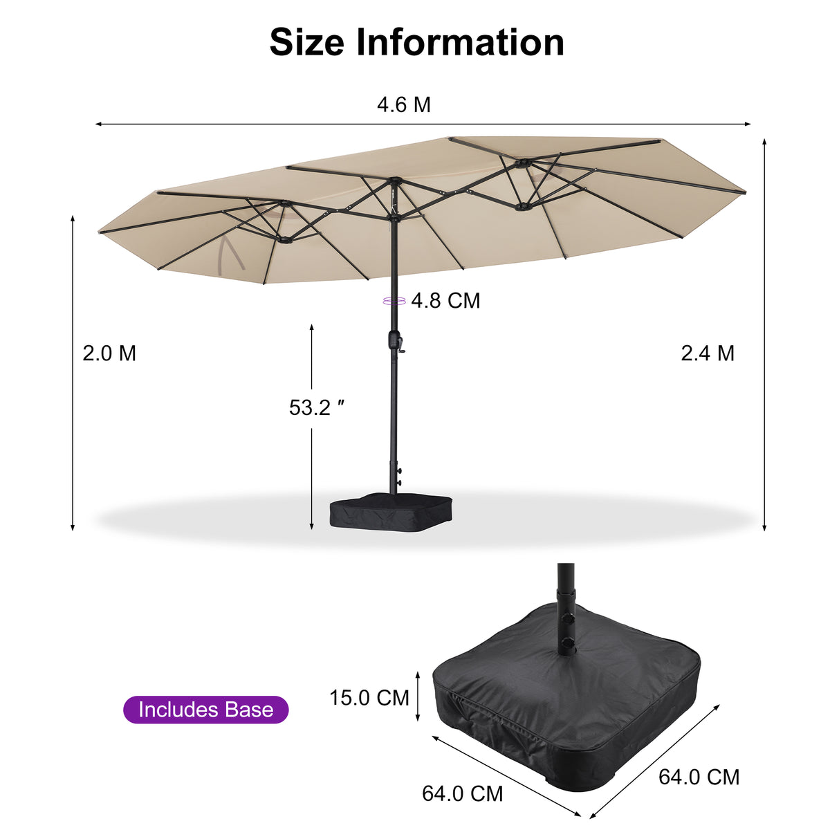 PURPLE LEAF Table Umbrella Double Sided Rectangular Patio Market Umbrella with Base