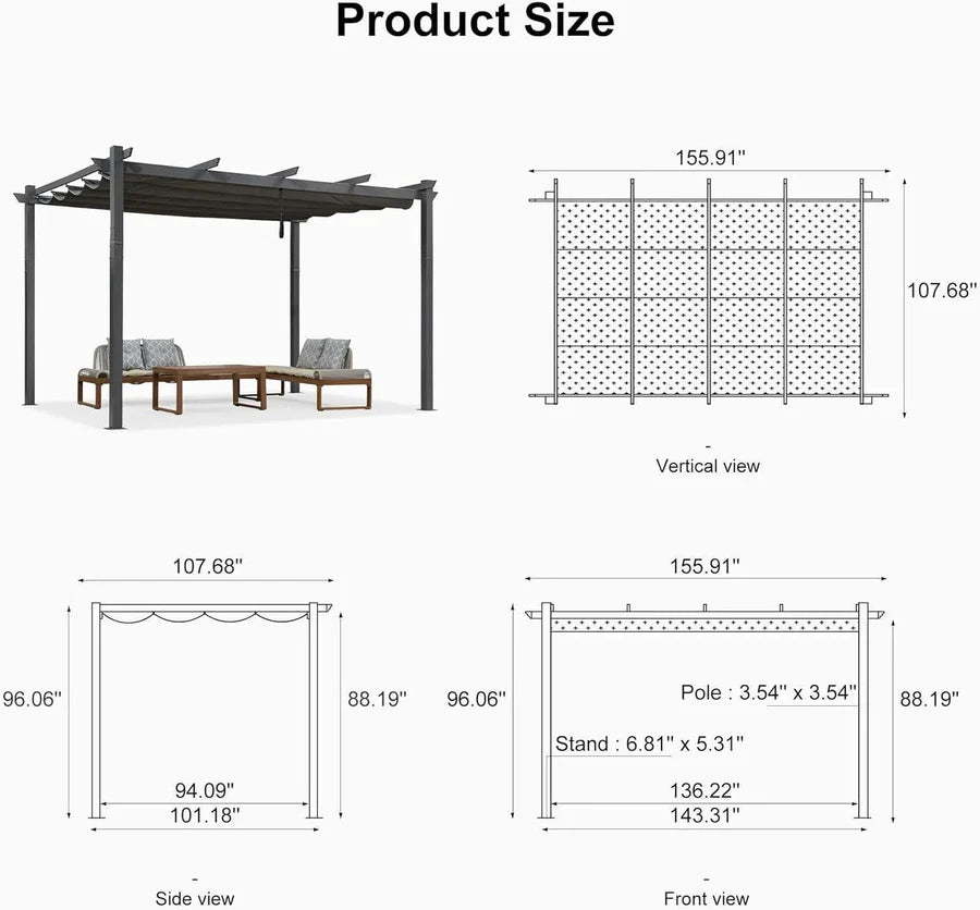 PURPLE LEAF Outdoor Retractable Pergola with Sun Shade Canopy Patio Aluminum Pergola for Garden