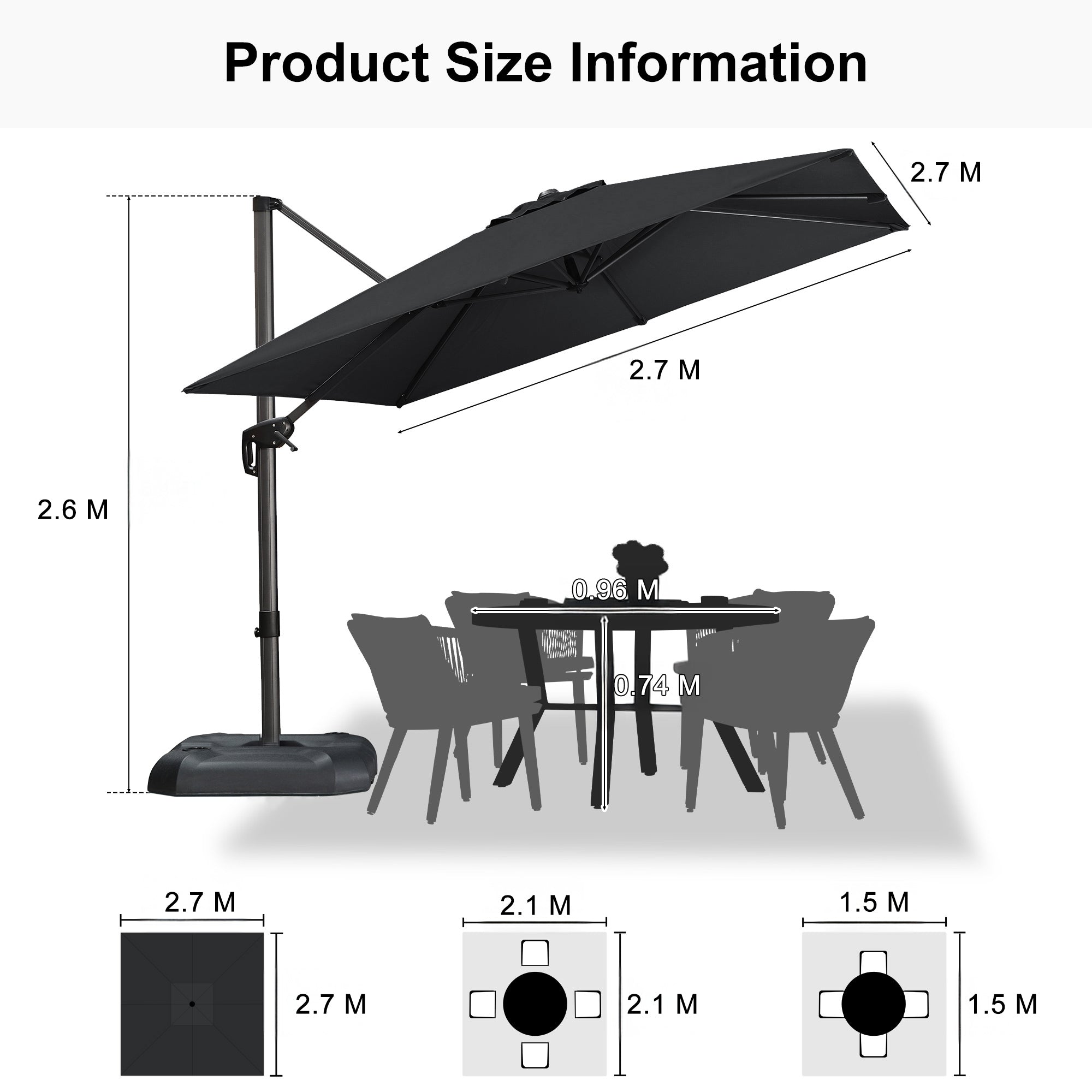 PURPLE LEAF Outdoor Umbrella Square Aluminium Cantilever Umbrella with 360° Rotation for Garden pool beach