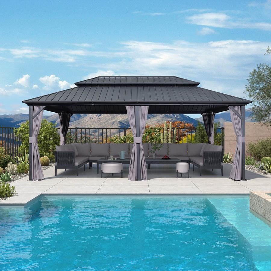 PURPLE LEAF Grey Hardtop Gazebo with Heavy Duty Galvanized Steel Double Roof with Netting and Curtains