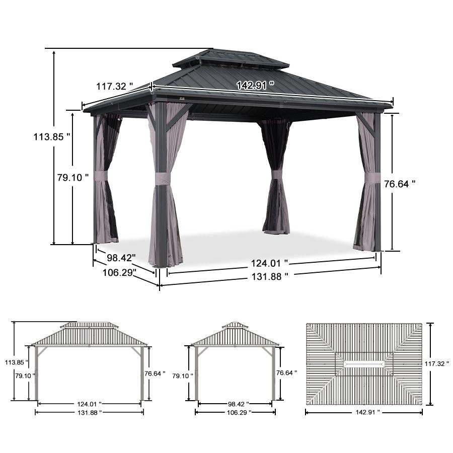 PURPLE LEAF Grey Hardtop Gazebo with Heavy Duty Galvanized Steel Double Roof with Netting and Curtains