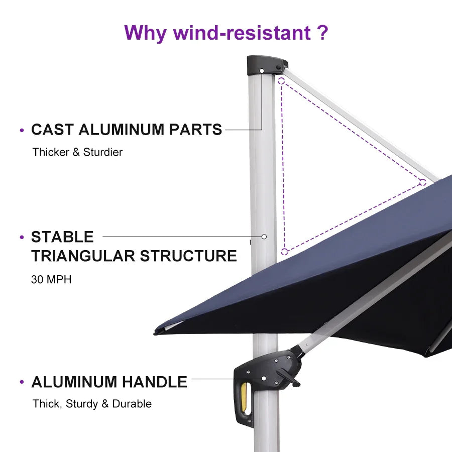 PURPLE LEAF Large Square Patio Cantilever Umbrella With Base for Garden Pool Porch
