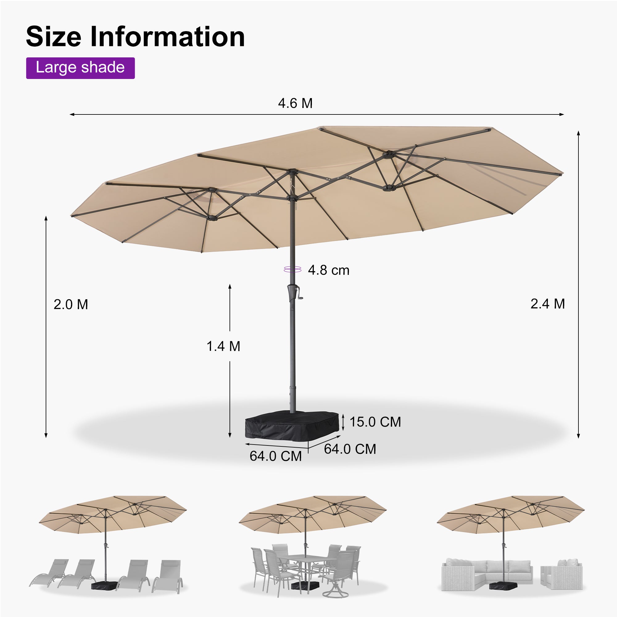 PURPLE LEAF Double-Sided Market Umbrella Large Rectangular Patio Umbrellas with Base