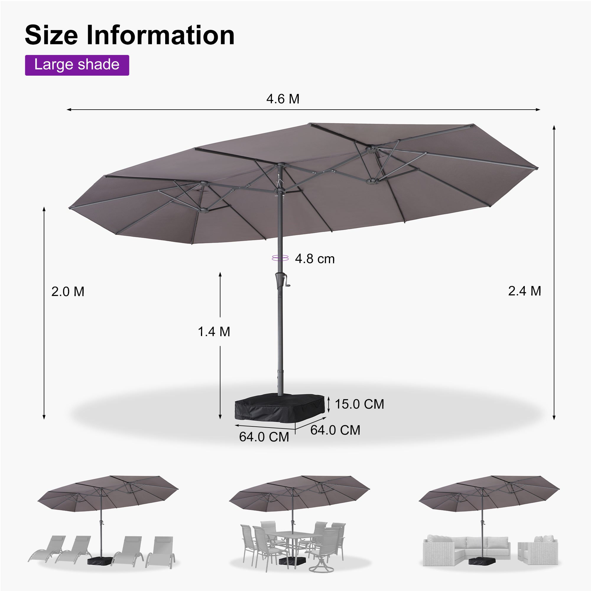 PURPLE LEAF Double-Sided Market Umbrella Large Rectangular Patio Umbrellas with Base