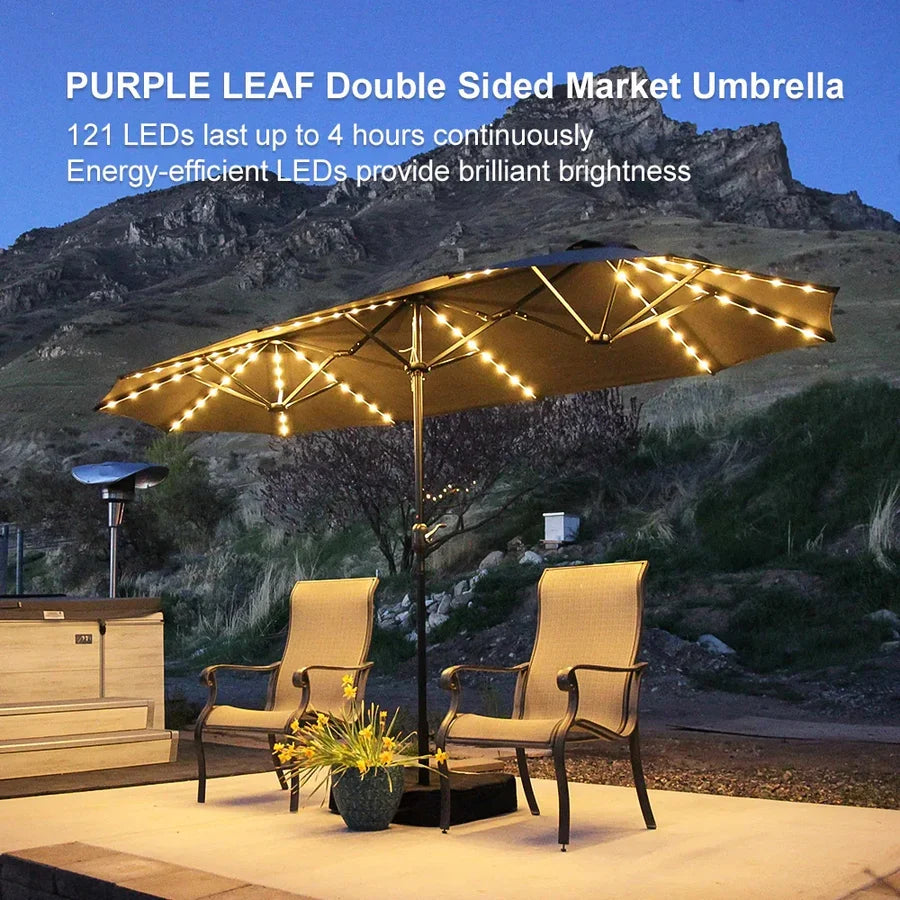 PURPLE LEAF Double Sided Patio Umbrella with Light Large Market Umbrellas with Base