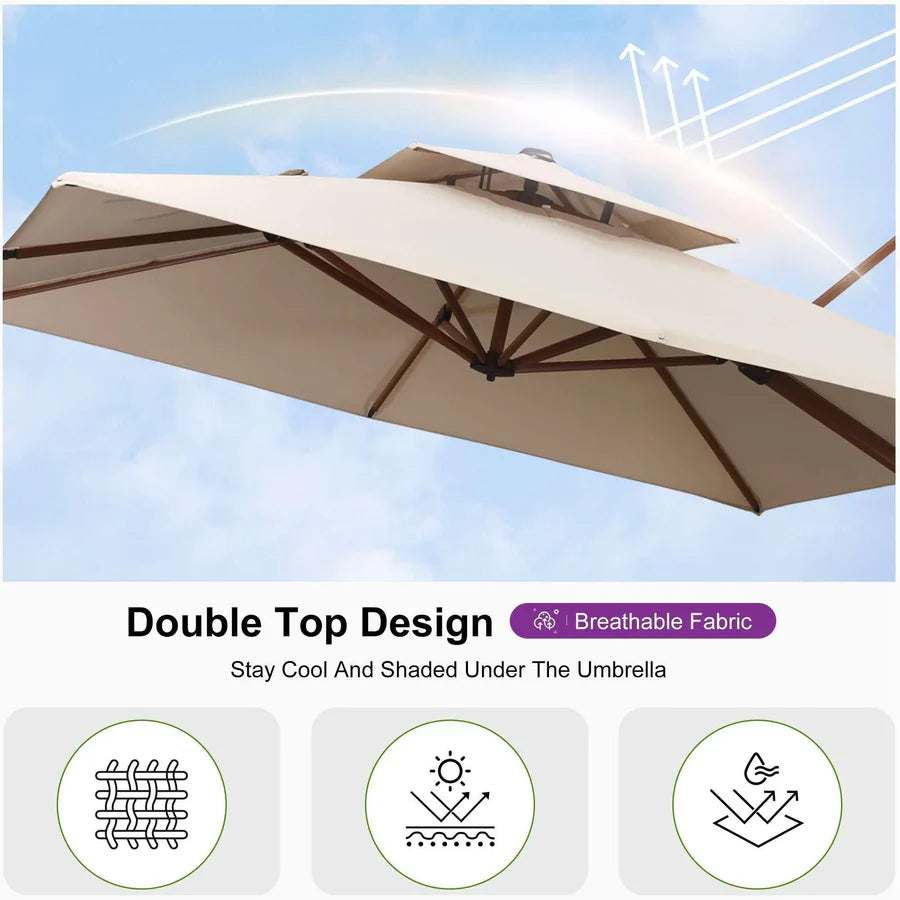 PURPLE LEAF Double Top Rectangle Aluminum Umbrellas in Wood Color