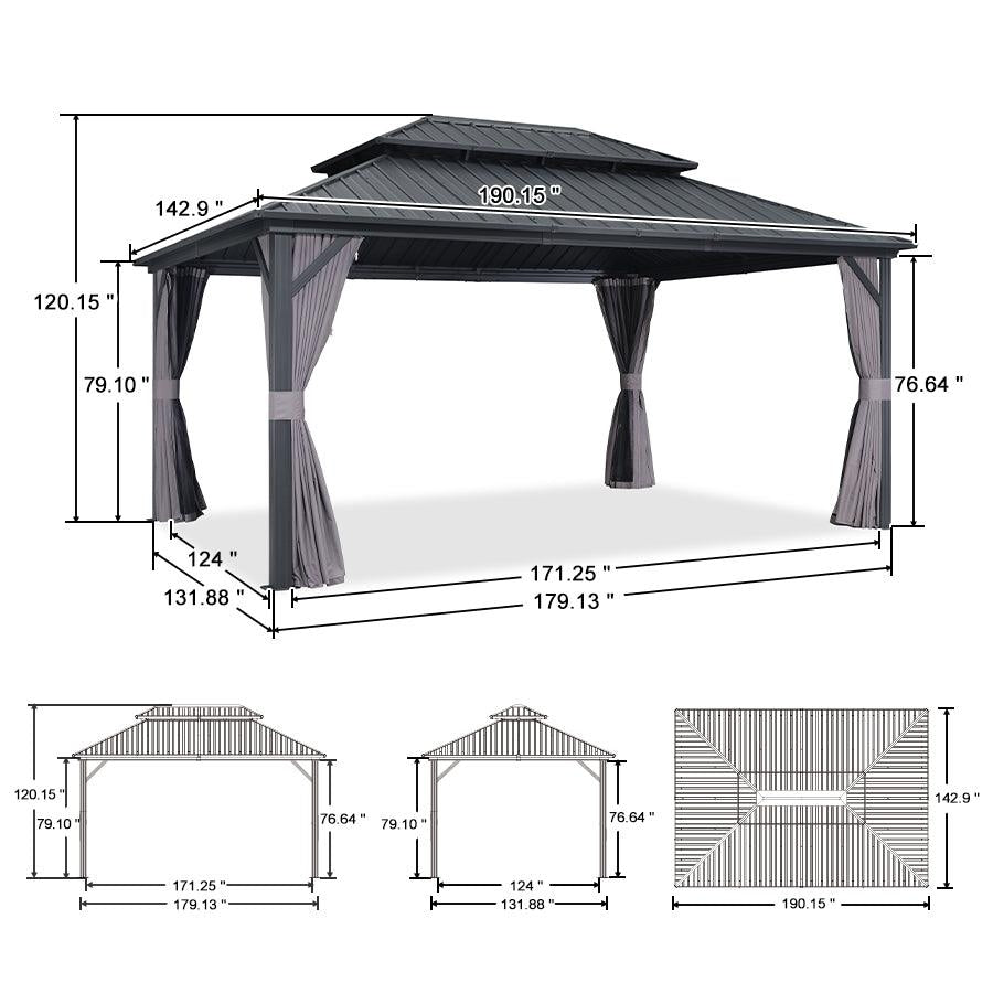 PURPLE LEAF Grey Hardtop Gazebo with Heavy Duty Galvanized Steel Double Roof with Netting and Curtains