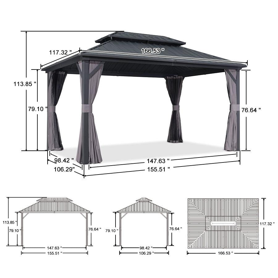 PURPLE LEAF Grey Hardtop Gazebo with Heavy Duty Galvanized Steel Double Roof with Netting and Curtains