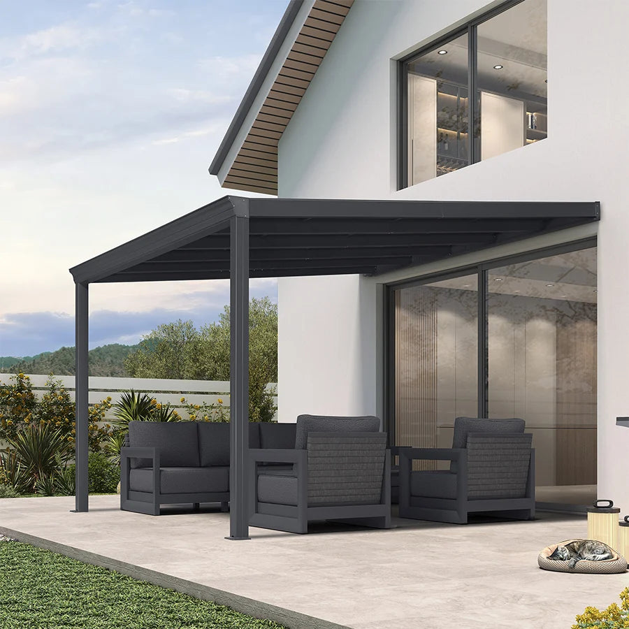 PURPLE LEAF Wall Mounted Gazebo with Grey Polycarbonate Roof Aluminum Frame Patio Cover for Porch
