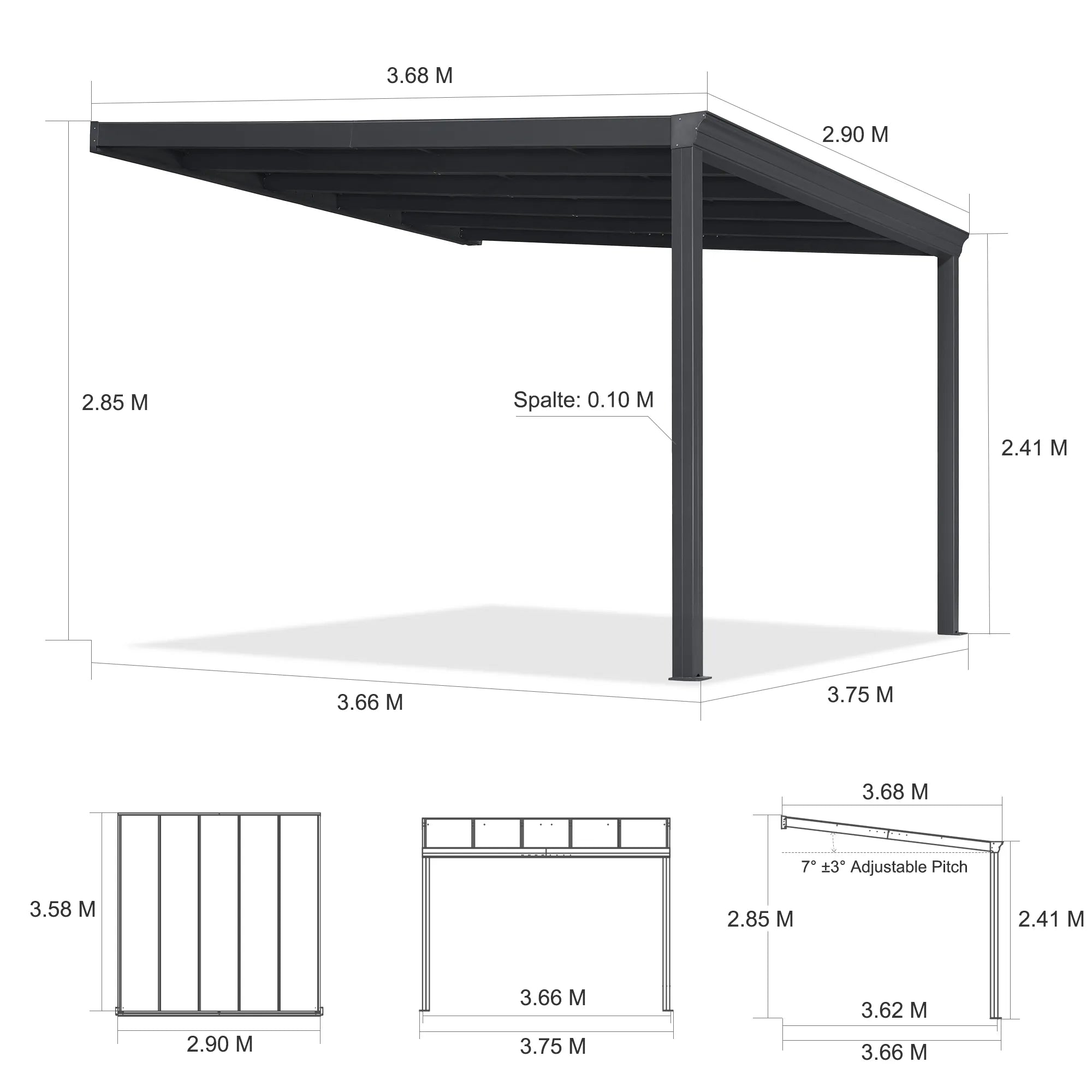 PURPLE LEAF Wall Mounted Gazebo with Grey Polycarbonate Roof Aluminum Frame Patio Cover for Porch
