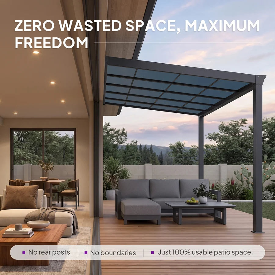 PURPLE LEAF Wall Mounted Gazebo with Grey Polycarbonate Roof Aluminum Frame Patio Cover for Porch
